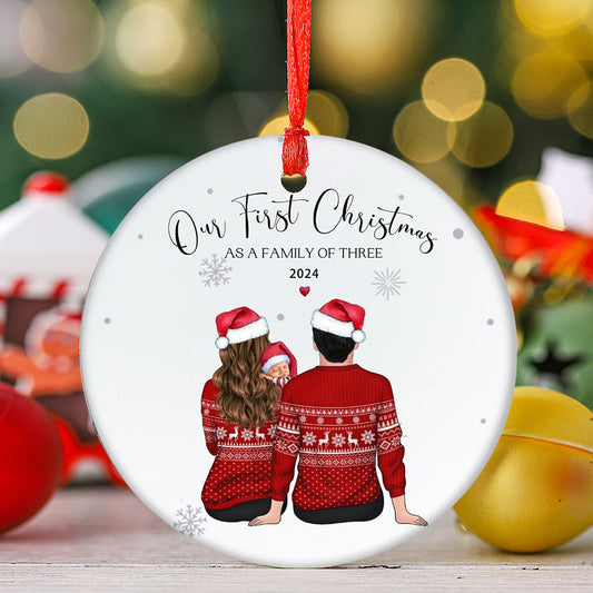 Holiday Elegance, Our First Christmas as a Family of Three - 2024 Ceramic Tree Ornament, Perfect for Youngsters's First Christmas & Youngsters Gifts, Classic Home Decor, Christmas Decor