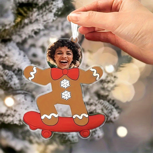 Customizable Acrylic Gingerbread Man Skateboard Christmas Ornament - 1pc Art Deco Style, Personalized Photo Holiday Tree Decoration, Ideal for Christmas, Thanksgiving & Winter Festivities, No Electricity or Feathers Required (Hanging String Not Included)